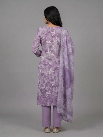 Lavender Jaam Cotton Suit with Floral Vine Embroidery