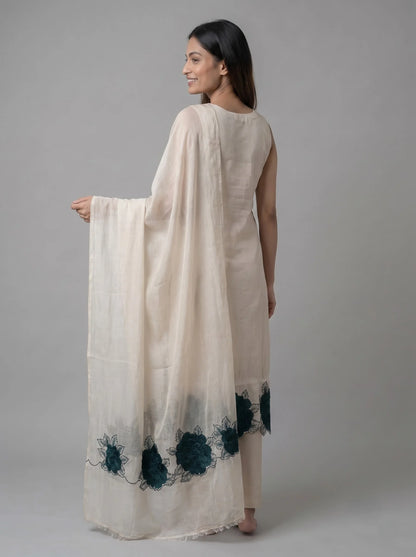Ivory Glass Organza Unstitched Suit with Teal Floral Motif