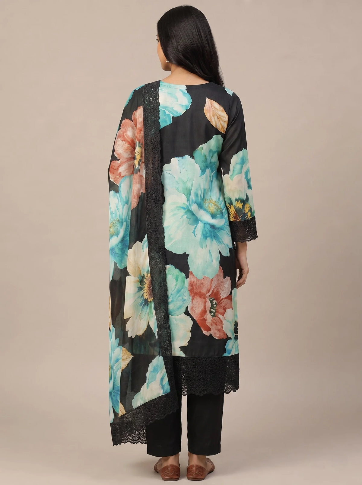 Black Turquoise Floral Digital Print Muslin Suit
