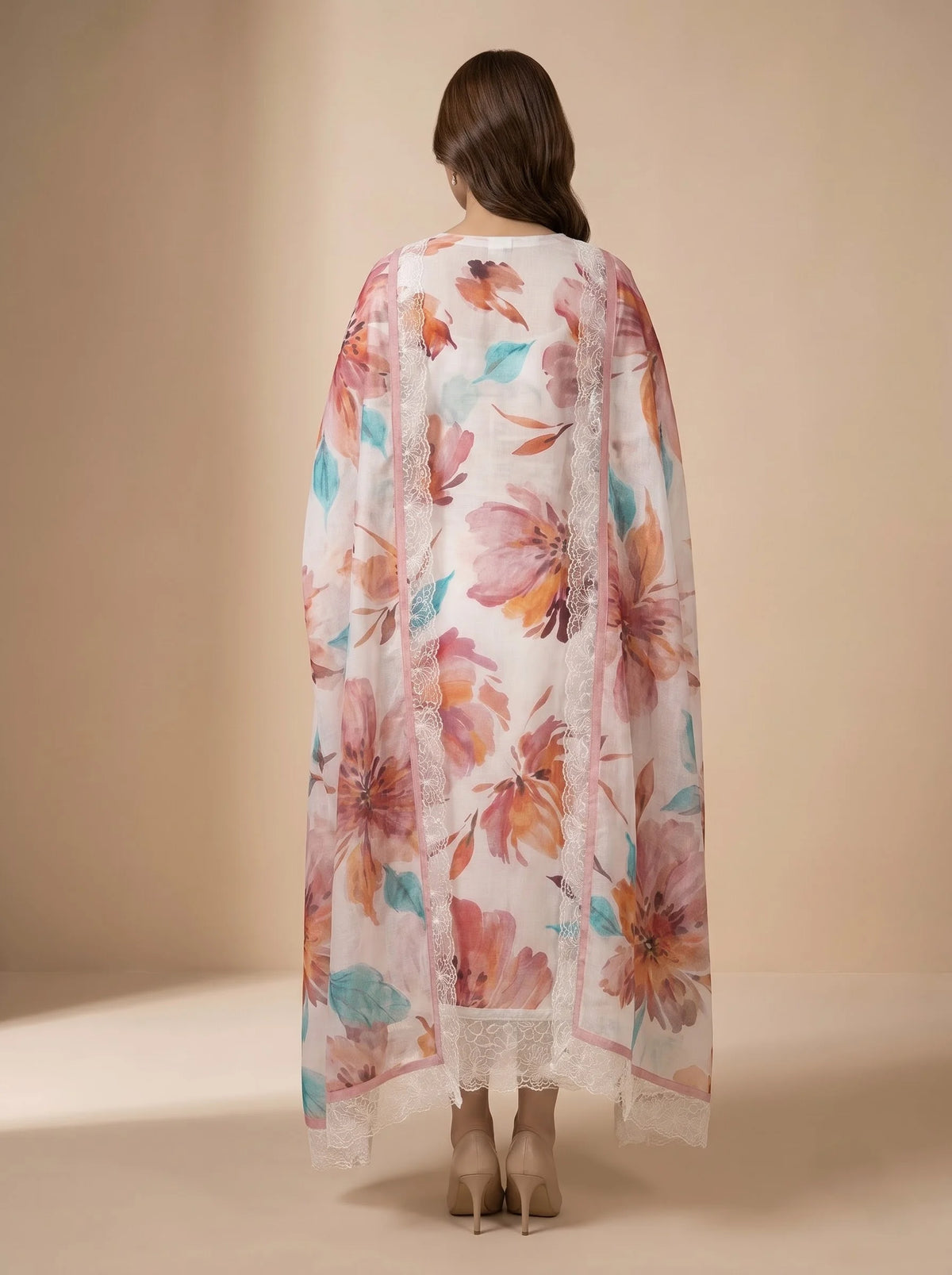 Ivory Coral Floral Digital Print Muslin Suit