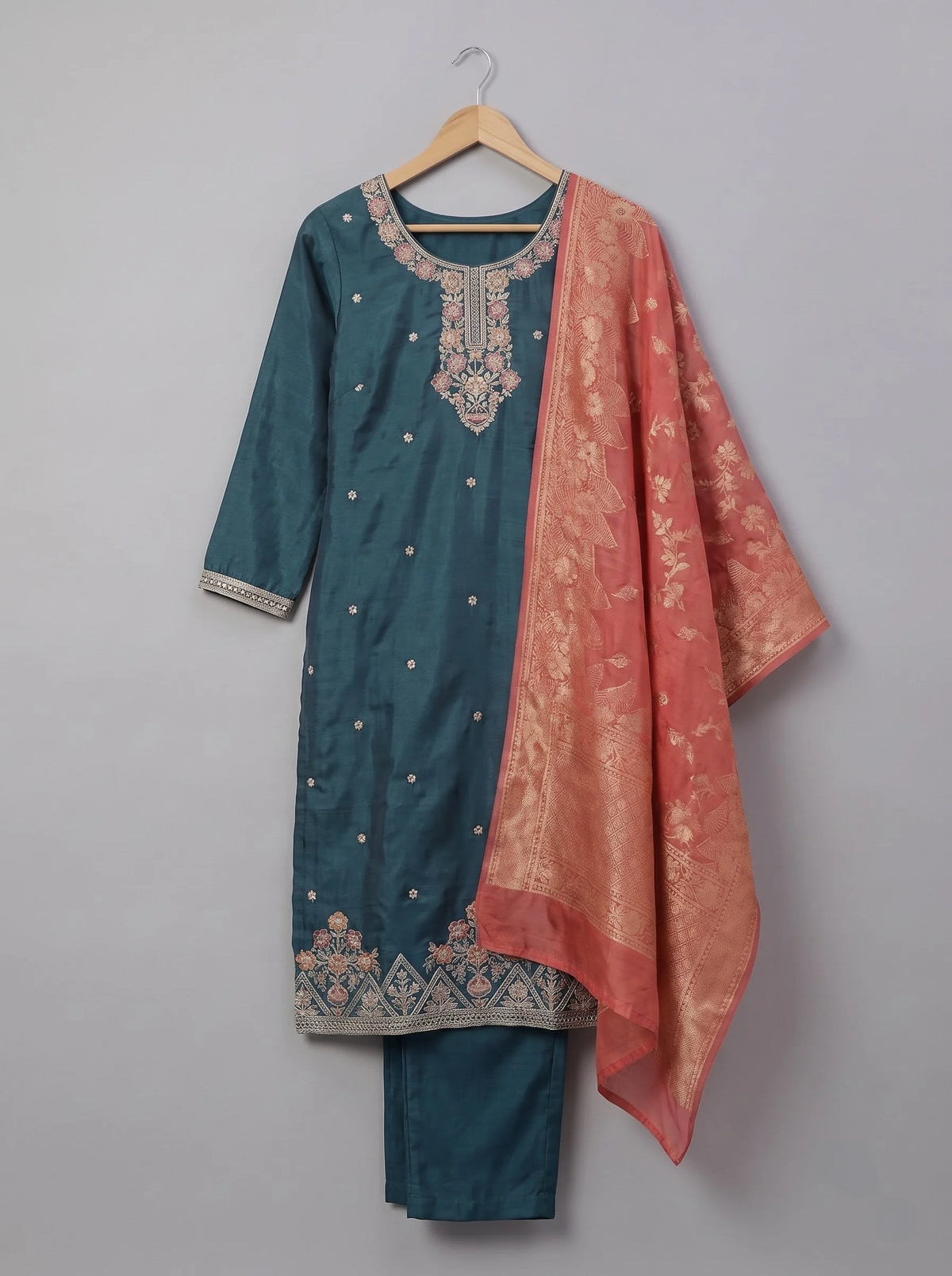 Teal Gajji Satin Suit with Floral Neck & Daman Embroidery