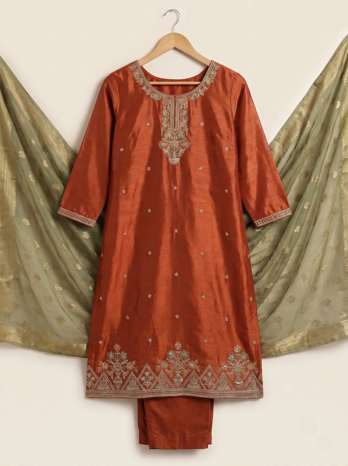 Rust Orange Gajji Satin Suit with Heavy Neck & Daman Embroidery