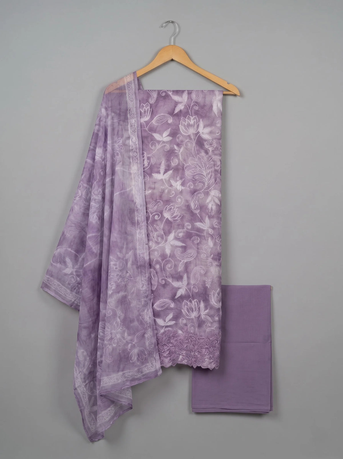 Lavender Jaam Cotton Suit with Floral Vine Embroidery