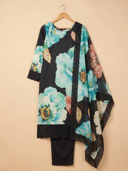 Black Turquoise Floral Digital Print Muslin Suit