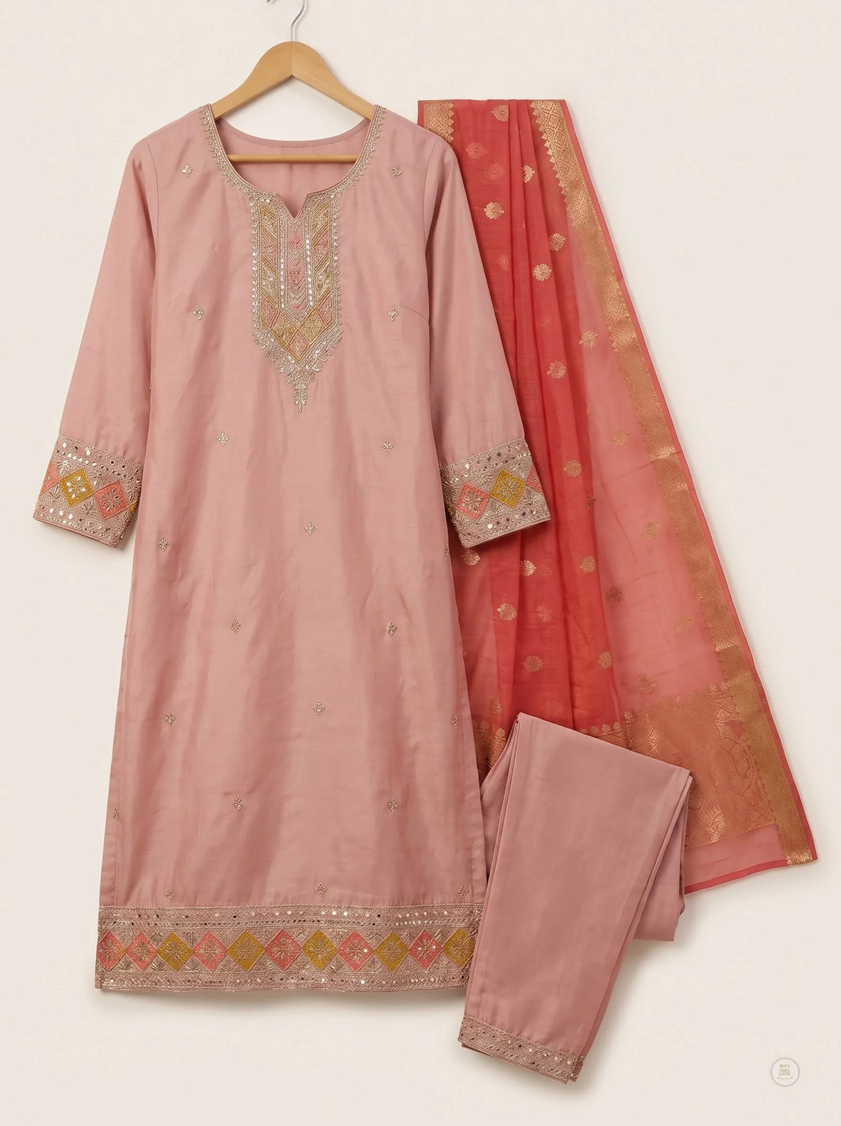 Dusty Pink Gajji Satin Suit with Diamond Sequin Border