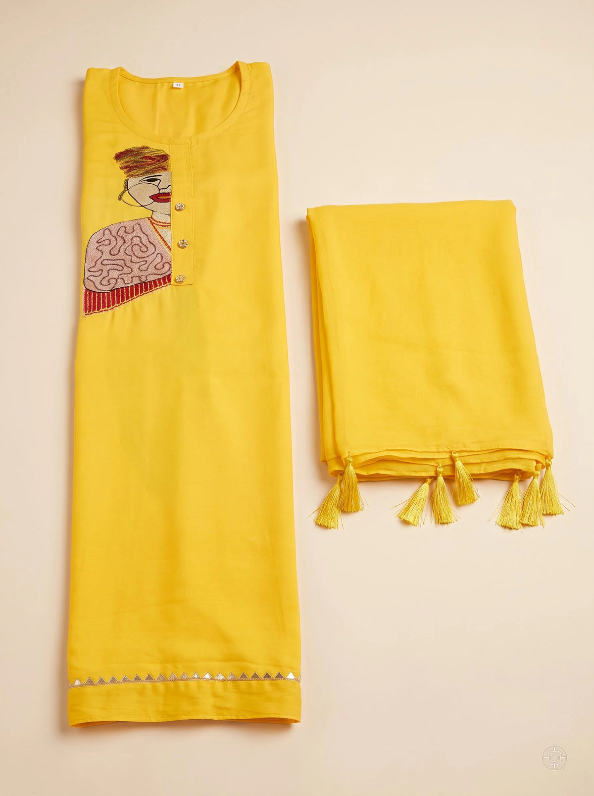 Yellow Rayon Cotton Suit with Big Motif Embroidery