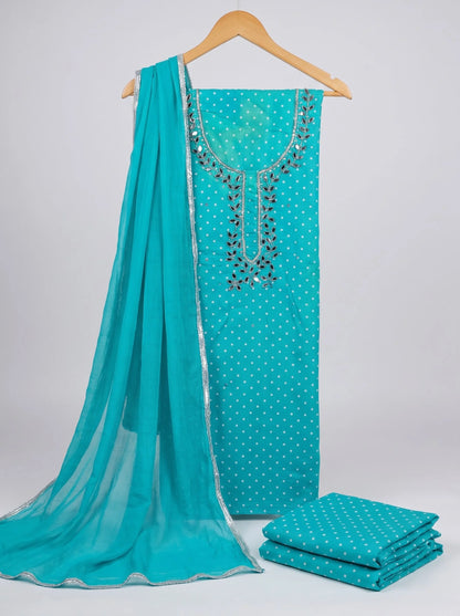 Teal Polka Dot Suit with Silver Mirror Embroidered Neckline