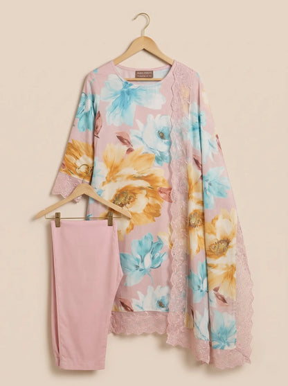 Blush Pink Floral Digital Print Muslin Suit