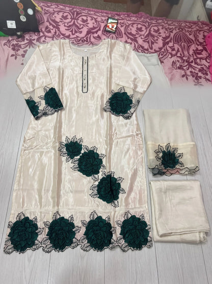 Ivory Glass Organza Unstitched Suit with Teal Floral Motif