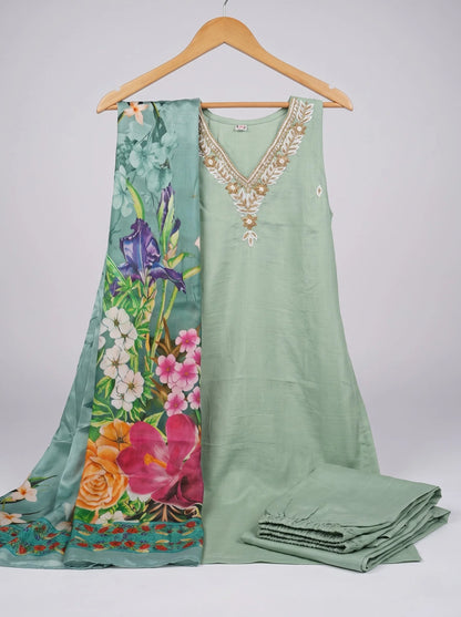 Sage Green Chanderi Silk Suit with Hand Jari Embroidered Neckline