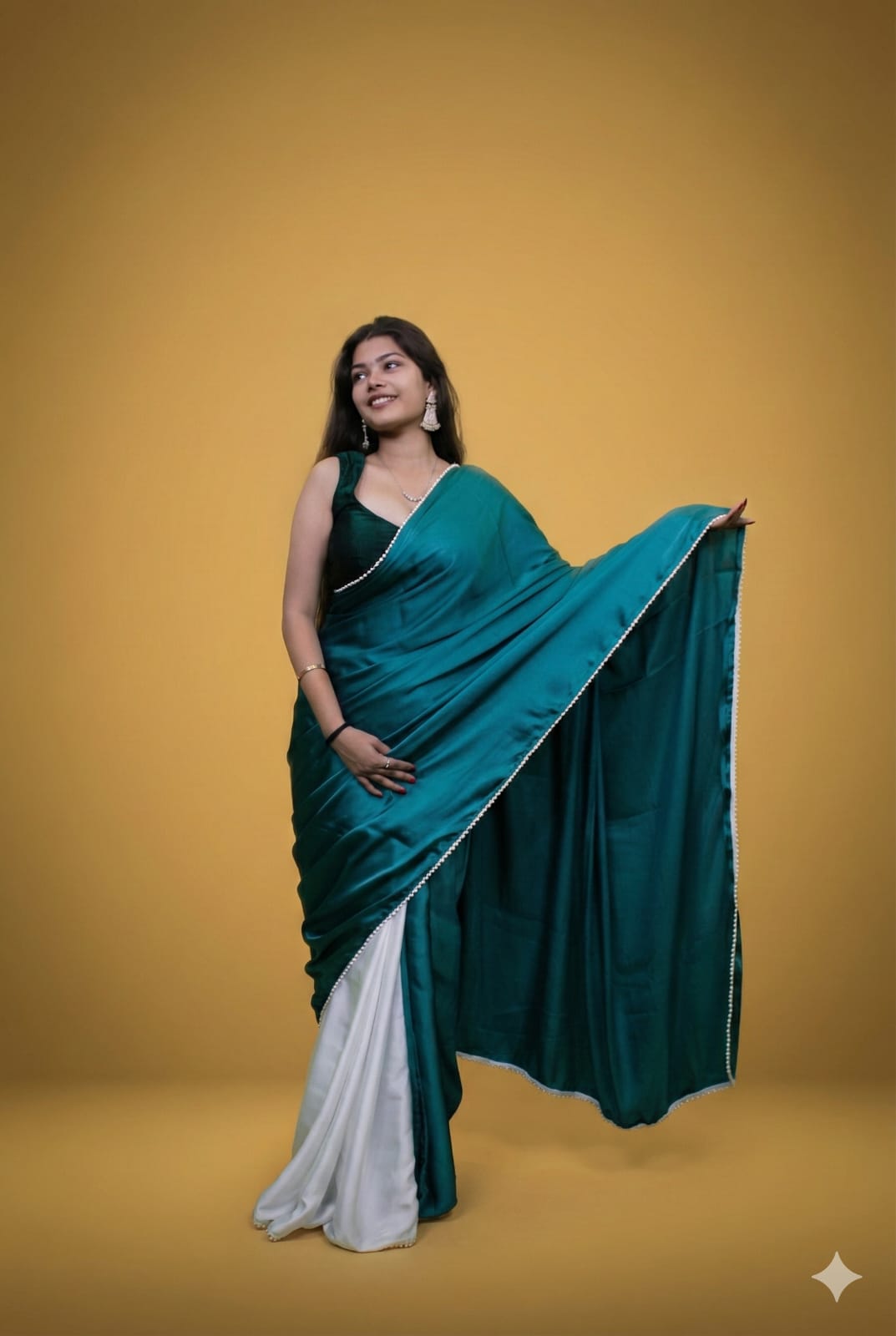 Teal Green & White Half-and-Half Pure Satin Silk Saree with Pearl Border