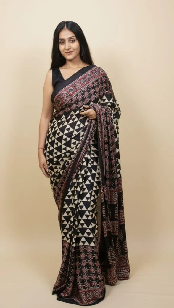 Ajrakh Print Pure Modal Silk Saree with Geometric Triangle Weave