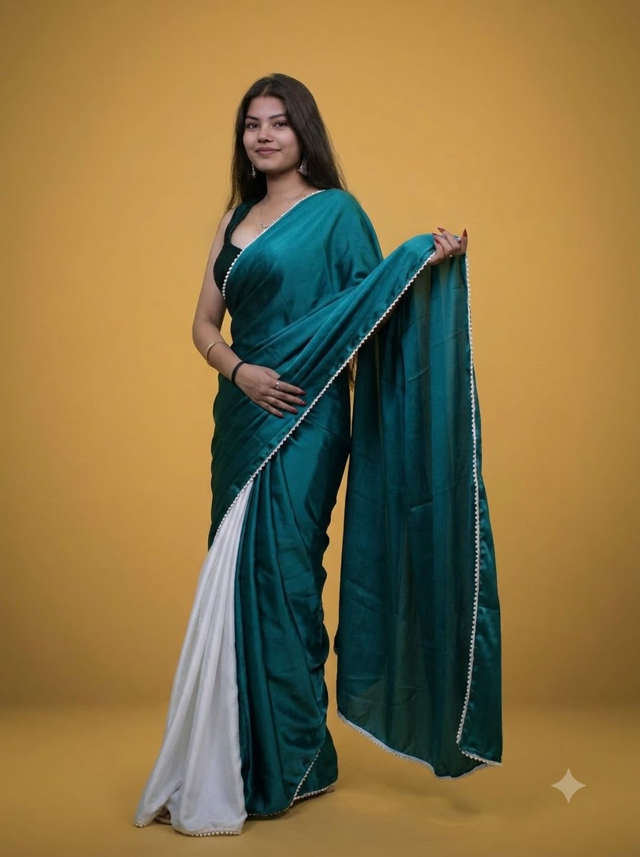 Teal Green & White Half-and-Half Pure Satin Silk Saree with Pearl Border