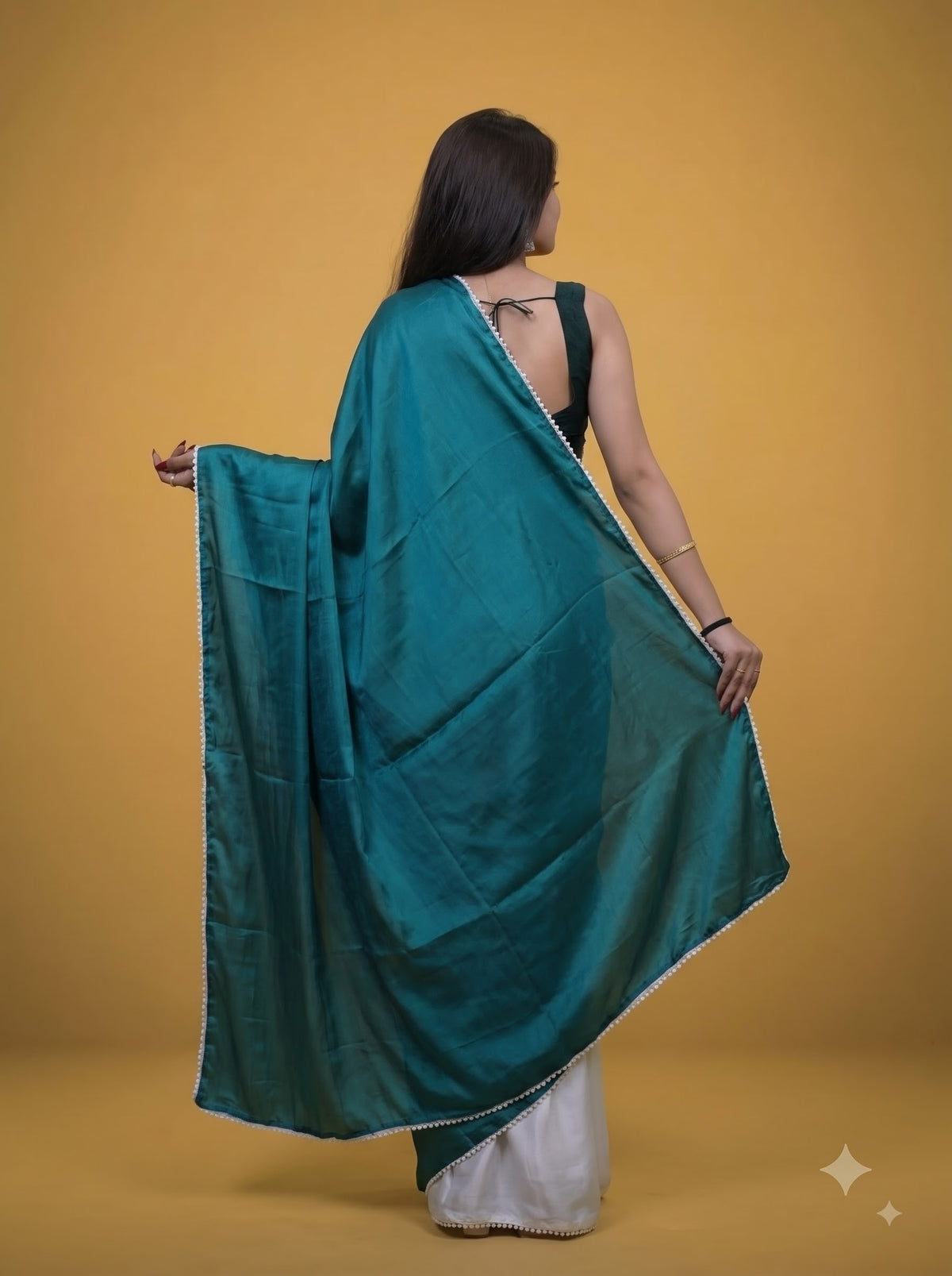Teal Green & White Half-and-Half Pure Satin Silk Saree with Pearl Border