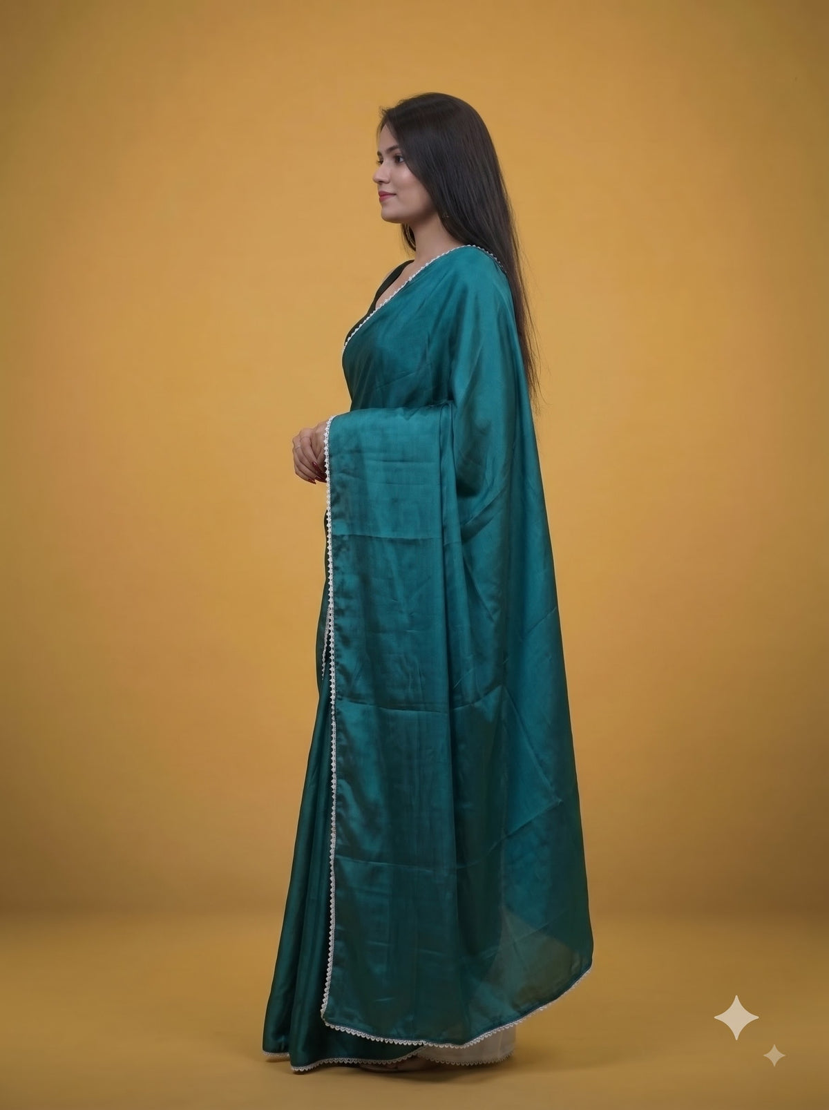 Teal Green & White Half-and-Half Pure Satin Silk Saree with Pearl Border