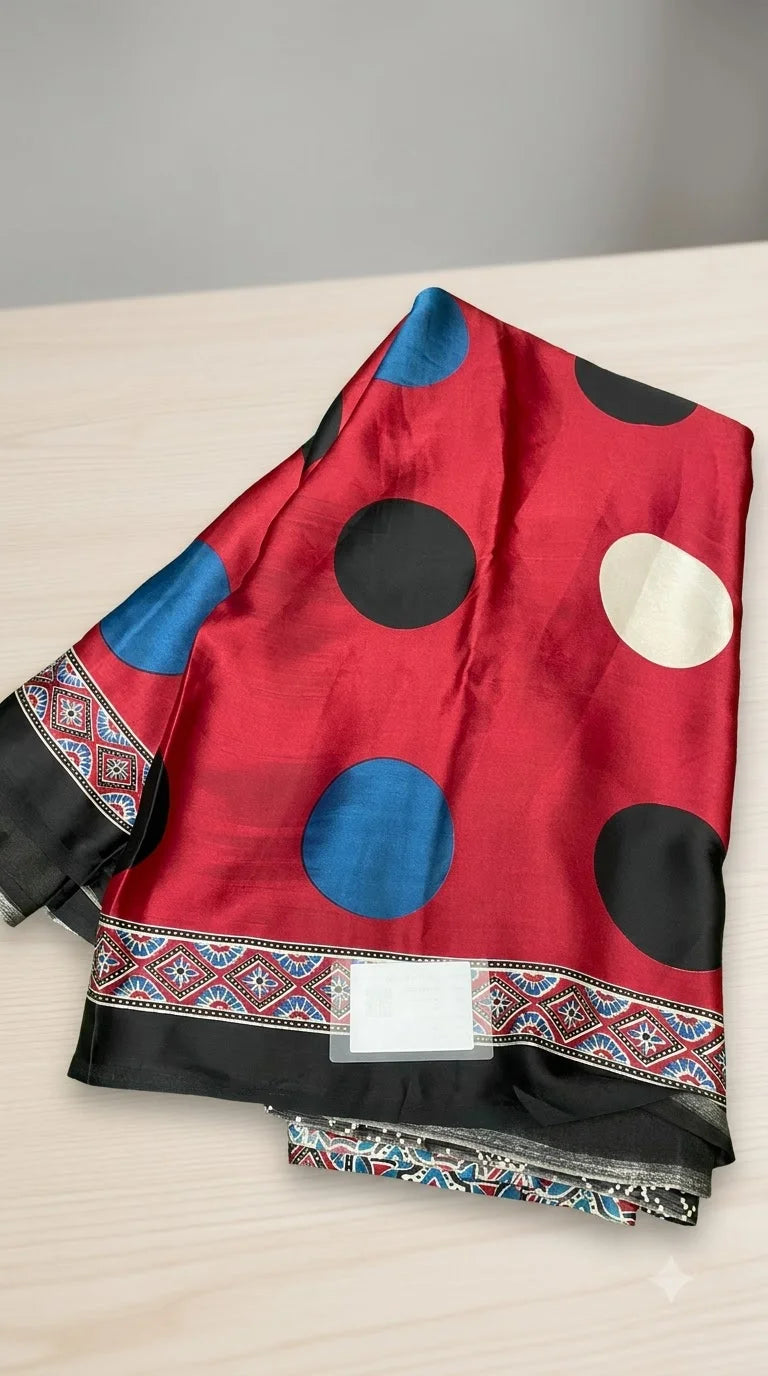 Crimson Dot Ajrakh Print Silk Saree with Contrast Border