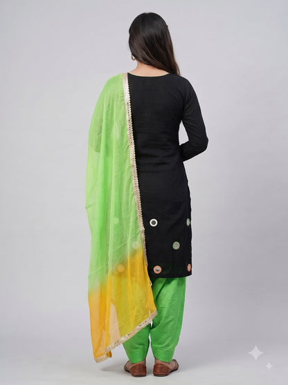 Black Multicolor Mirror Work Organza Unstitched Suit with Ombré Dupatta