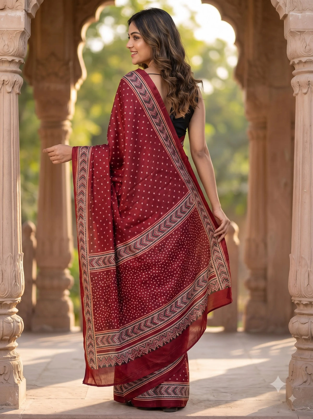 Maroon Bandhani Print Ajrakh Pure Modal Silk Saree with Chevron Border