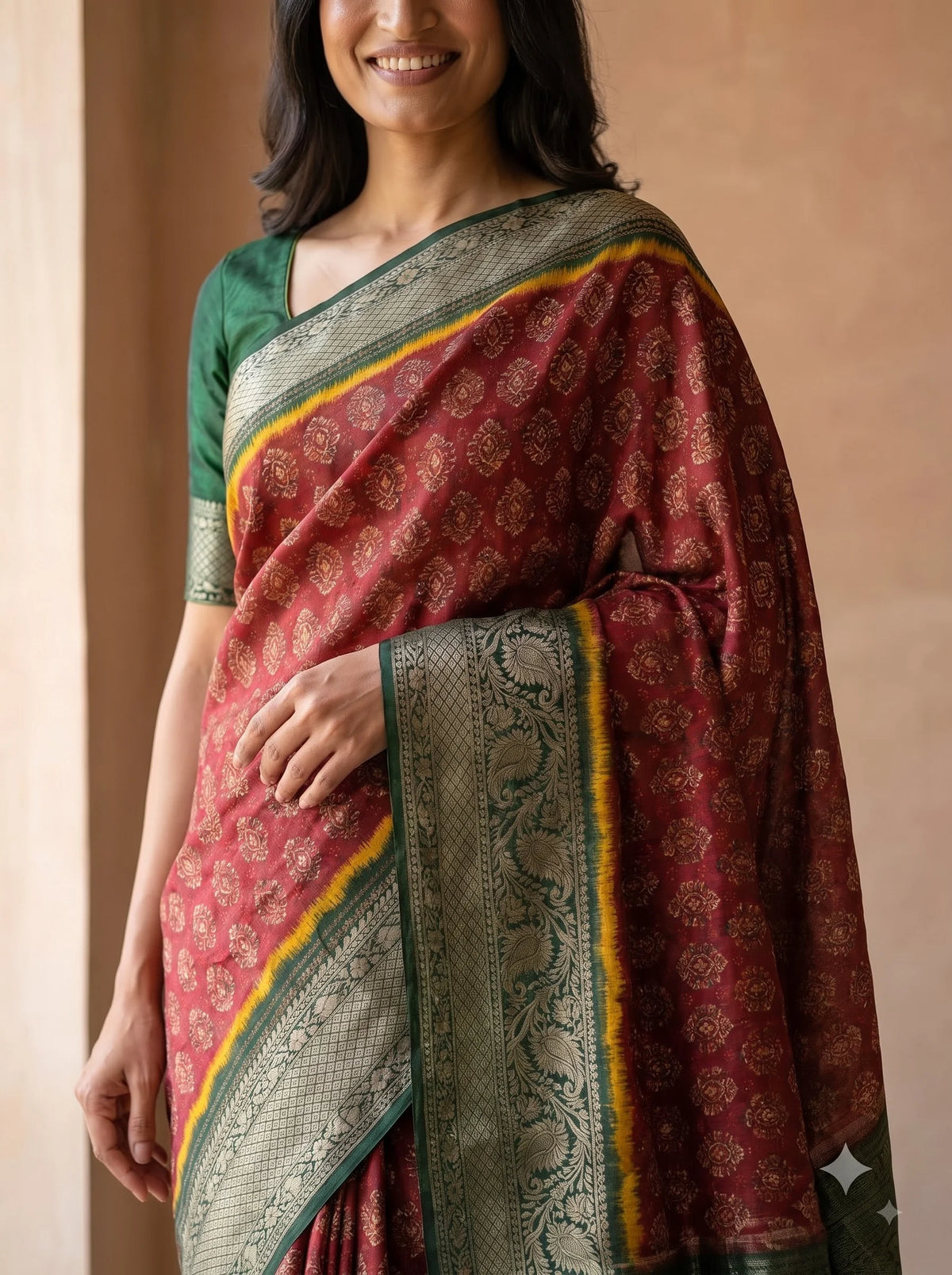 Maroon Booti Print Dola Silk Saree with Green Zari Border