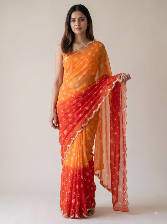 Orange-Red Ombre Bandhani Print Party Wear Saree with Hand Work