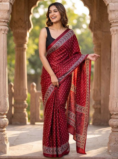 Maroon Bandhani Print Ajrakh Pure Modal Silk Saree with Chevron Border