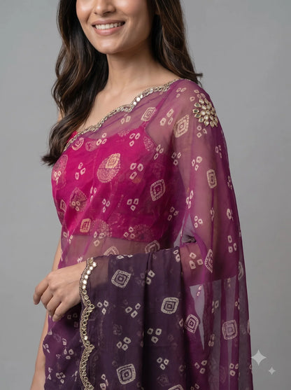 Magenta-Purple Ombre Bandhani Print Georgette Saree with Hand Work