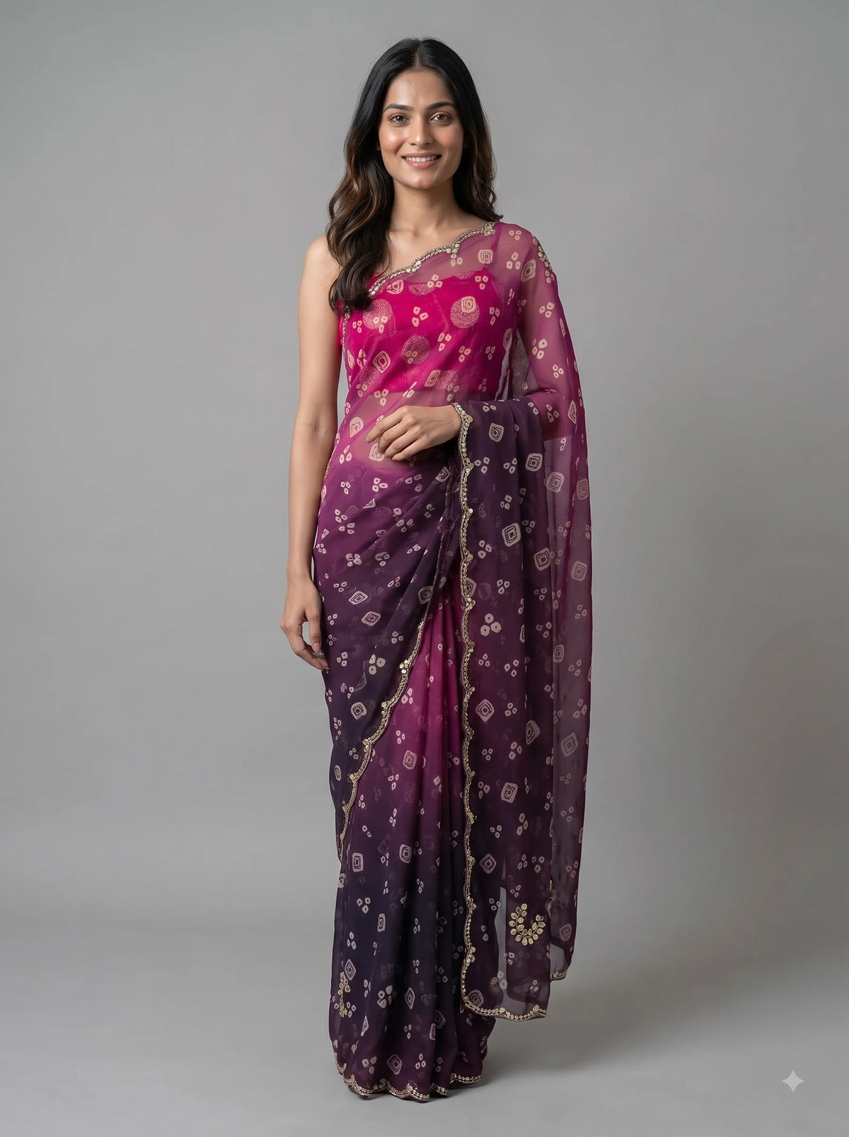 Magenta-Purple Ombre Bandhani Print Georgette Saree with Hand Work