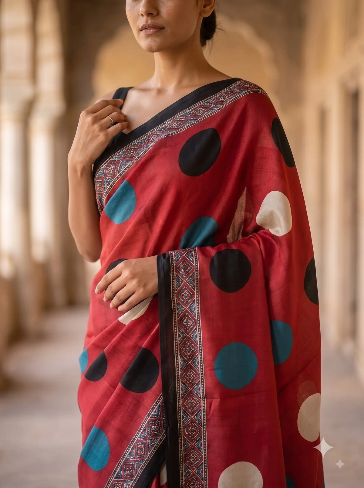 Crimson Dot Ajrakh Print Silk Saree with Contrast Border
