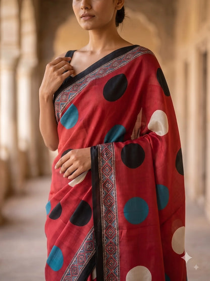 Crimson Dot Ajrakh Print Silk Saree with Contrast Border