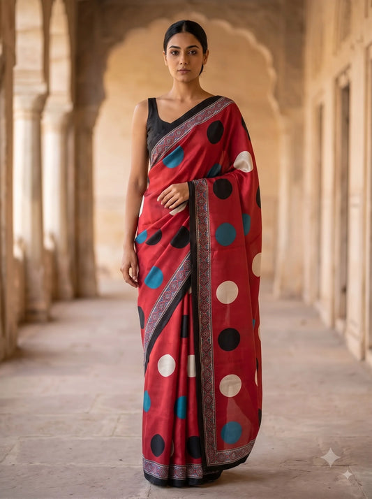 Crimson Dot Ajrakh Print Silk Saree with Contrast Border
