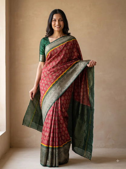 Maroon Booti Print Dola Silk Saree with Green Zari Border