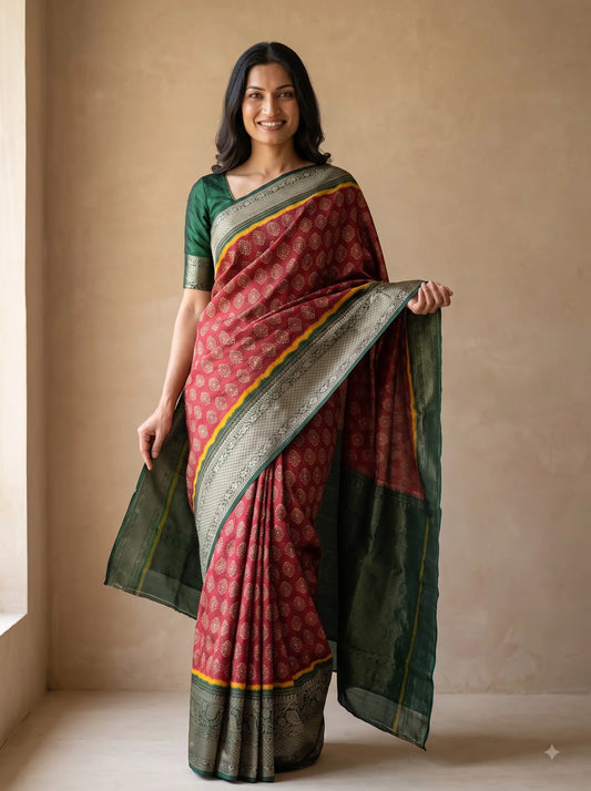 Maroon Booti Print Dola Silk Saree with Green Zari Border