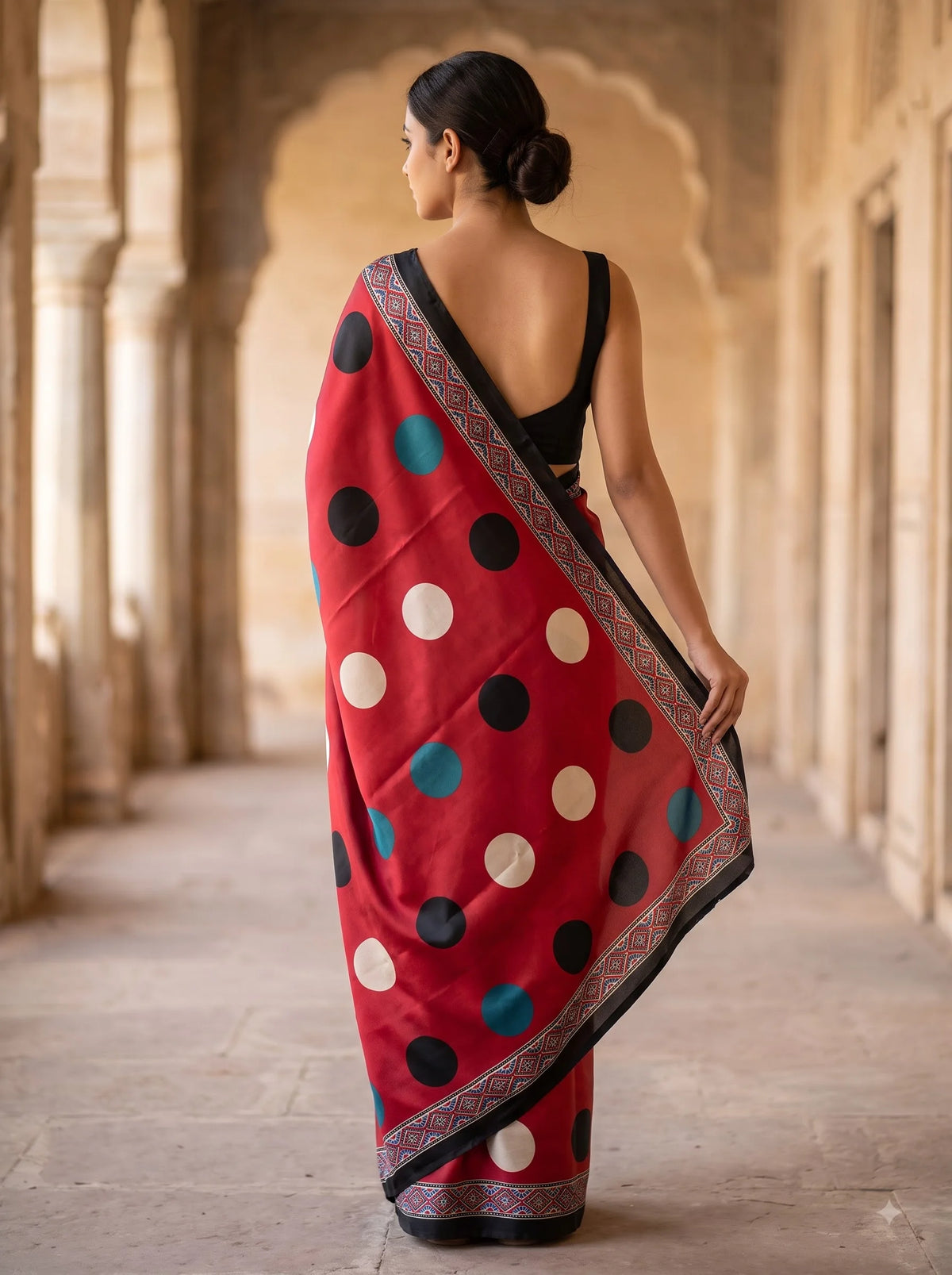 Crimson Dot Ajrakh Print Silk Saree with Contrast Border