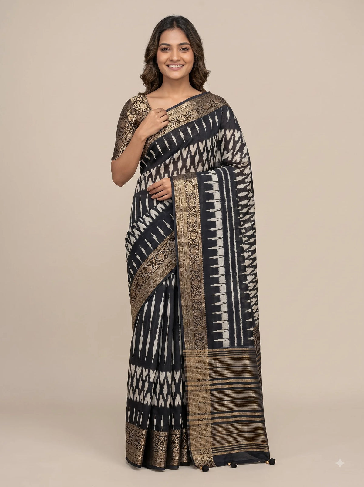 Black & Gold Ikat Print Dola Silk Saree with Banarasi Border
