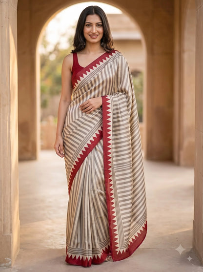 Grey Striped Silk Saree with Red Chevron Border