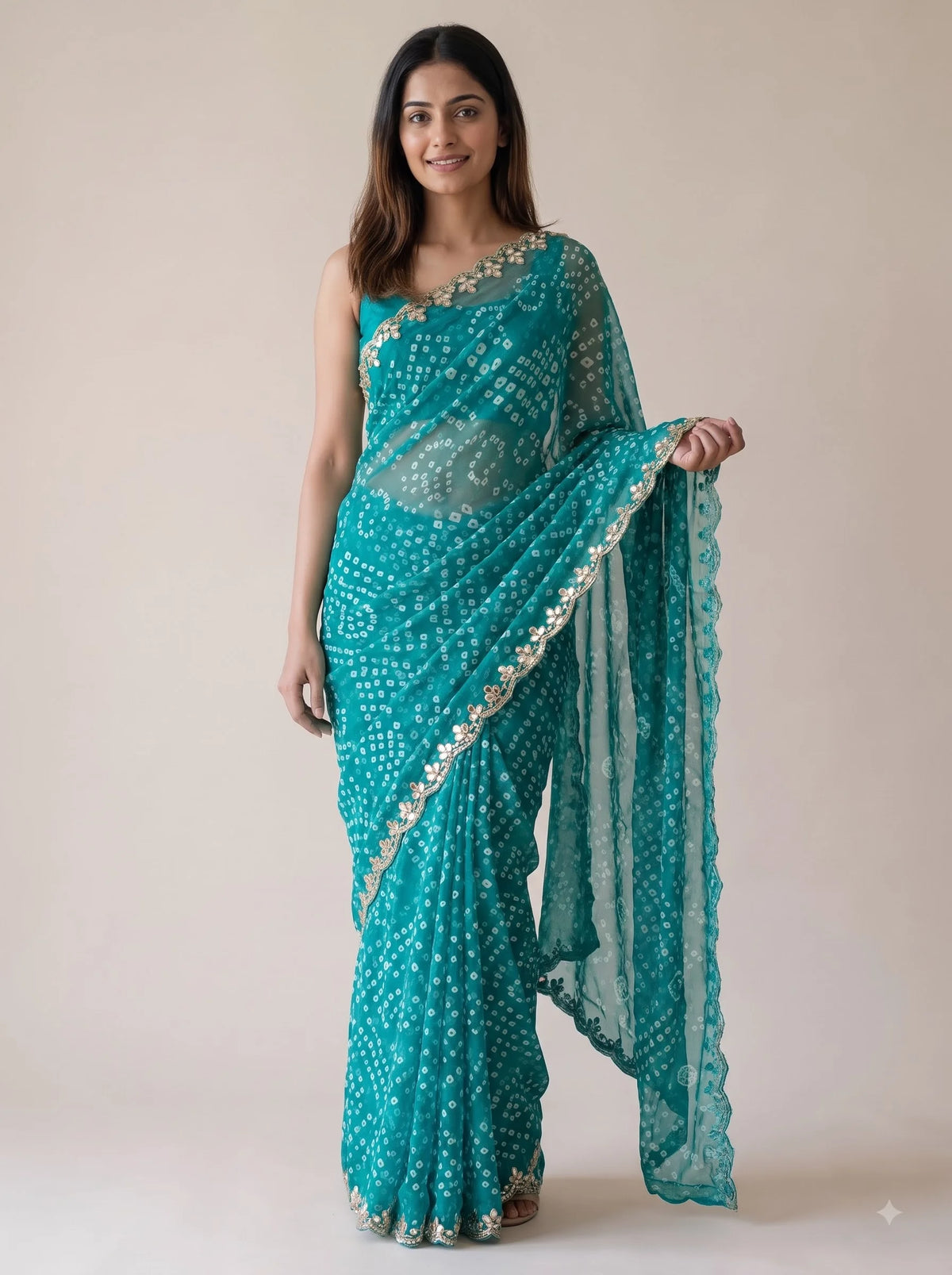 Teal Bandhani Print Georgette Saree with Mirror Work Border