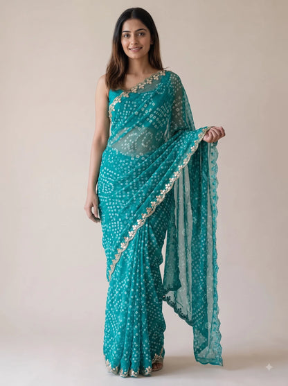 Teal Bandhani Print Georgette Saree with Mirror Work Border