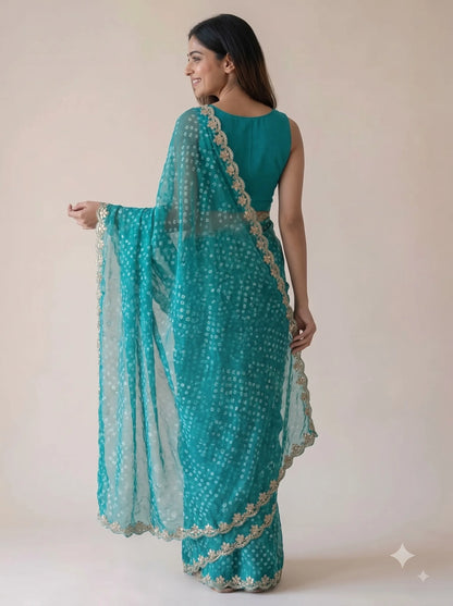 Teal Bandhani Print Georgette Saree with Mirror Work Border