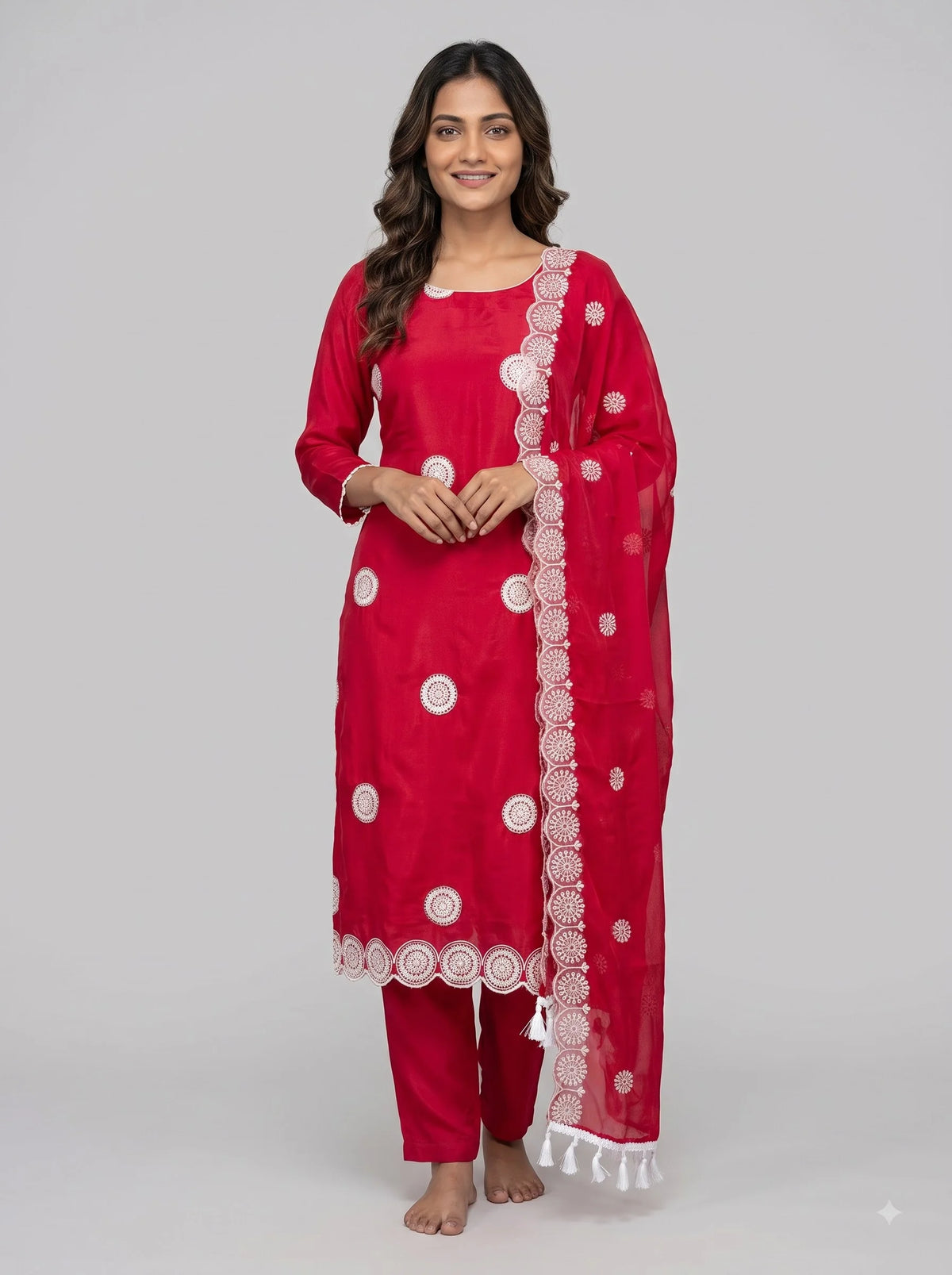 Crimson Red Glass Organza Unstitched Suit with Heavy Embroidered Border
