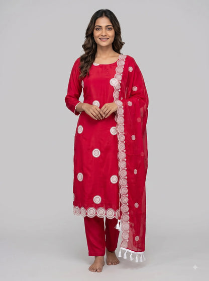 Crimson Red Glass Organza Unstitched Suit with Heavy Embroidered Border