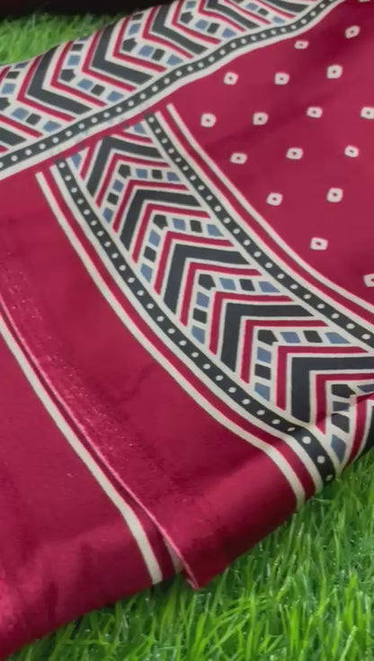 Maroon Bandhani Print Ajrakh Pure Modal Silk Saree with Chevron Border