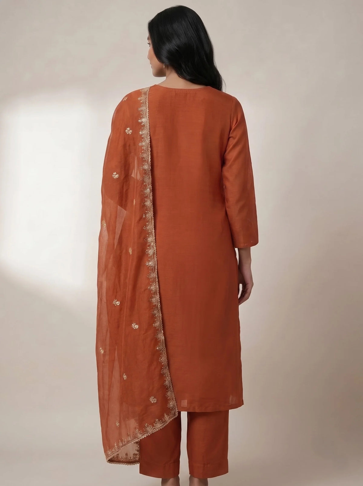 Rust Orange Heavy Embroidered Glass Organza Suit