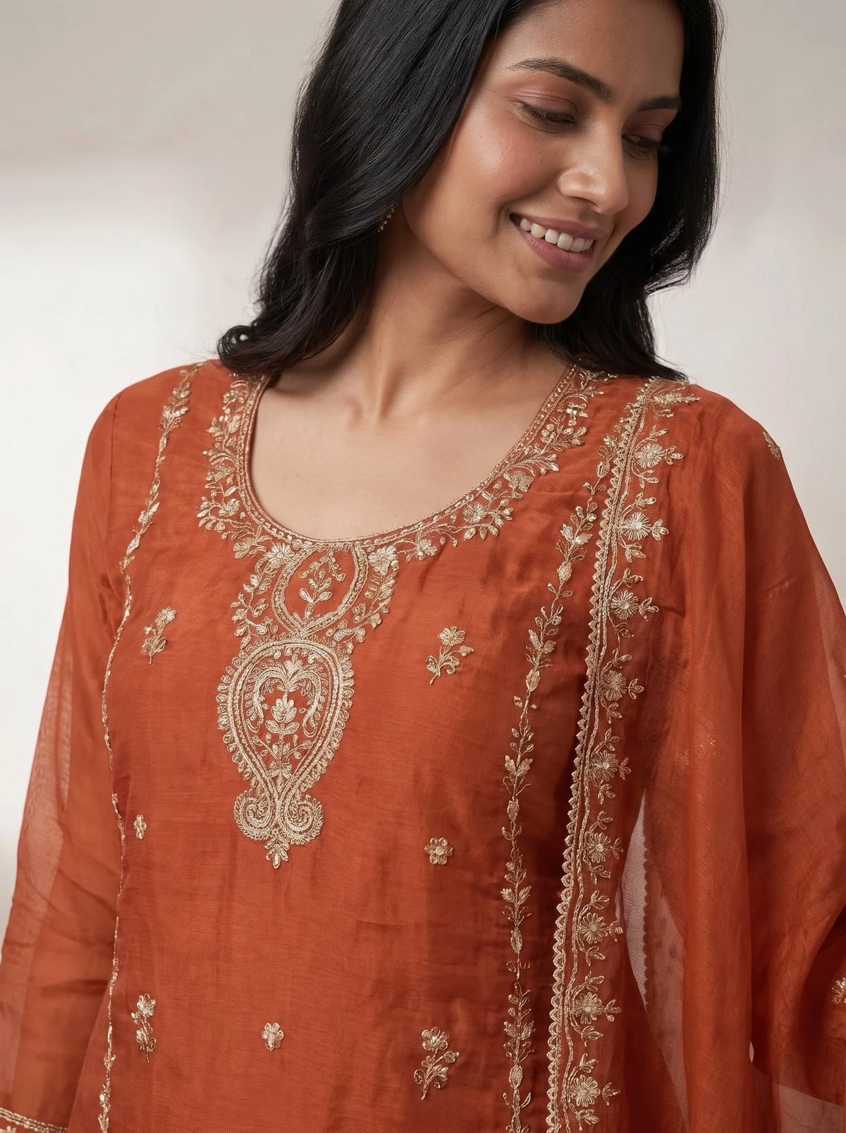 Rust Orange Heavy Embroidered Glass Organza Suit
