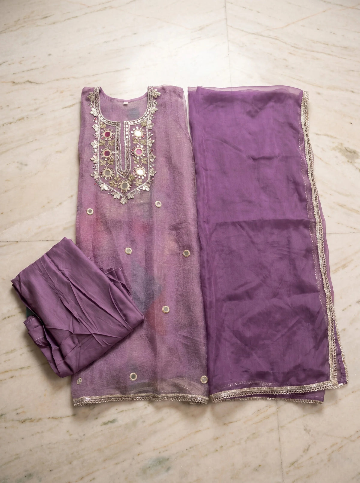 Lavender Purple Shimmer Organza Suit with Heavy Gota-Patti Mirror Work