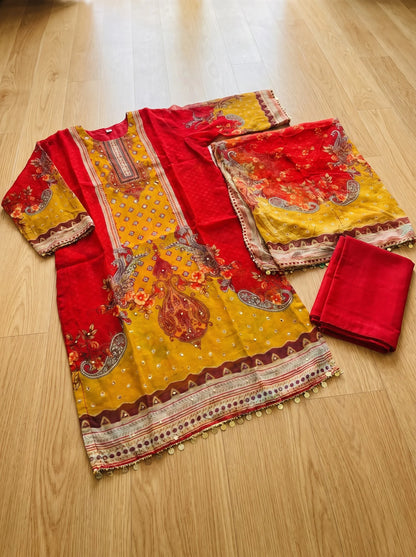Red-Mustard Paisley Print Organza Suit with Mirror Work & Coin Fringe
