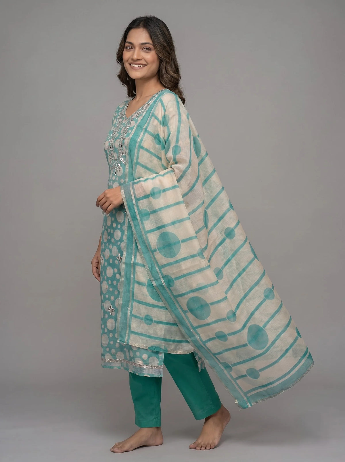Teal Polka Dot Kota Doria Suit with Gota-Patti Mirror Neckline