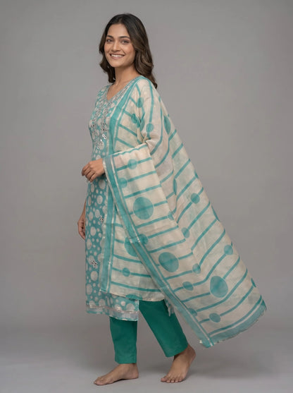Teal Polka Dot Kota Doria Suit with Gota-Patti Mirror Neckline