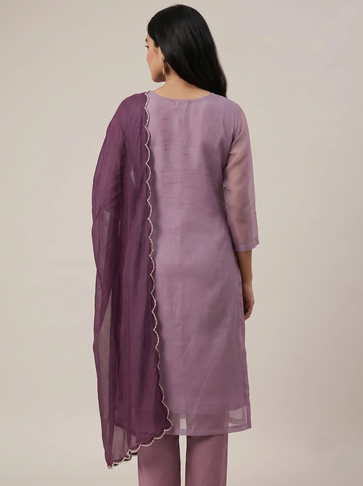 Lavender Purple Shimmer Organza Suit with Heavy Gota-Patti Mirror Work