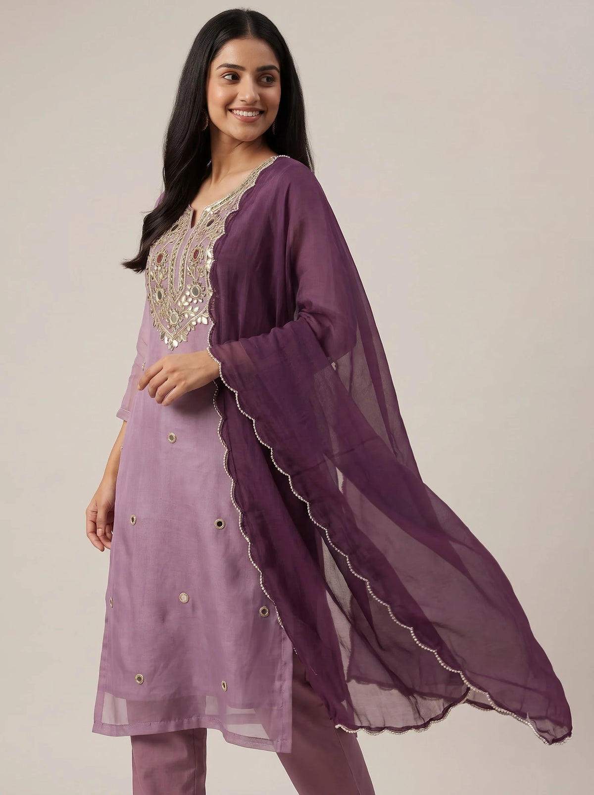 Lavender Purple Shimmer Organza Suit with Heavy Gota-Patti Mirror Work