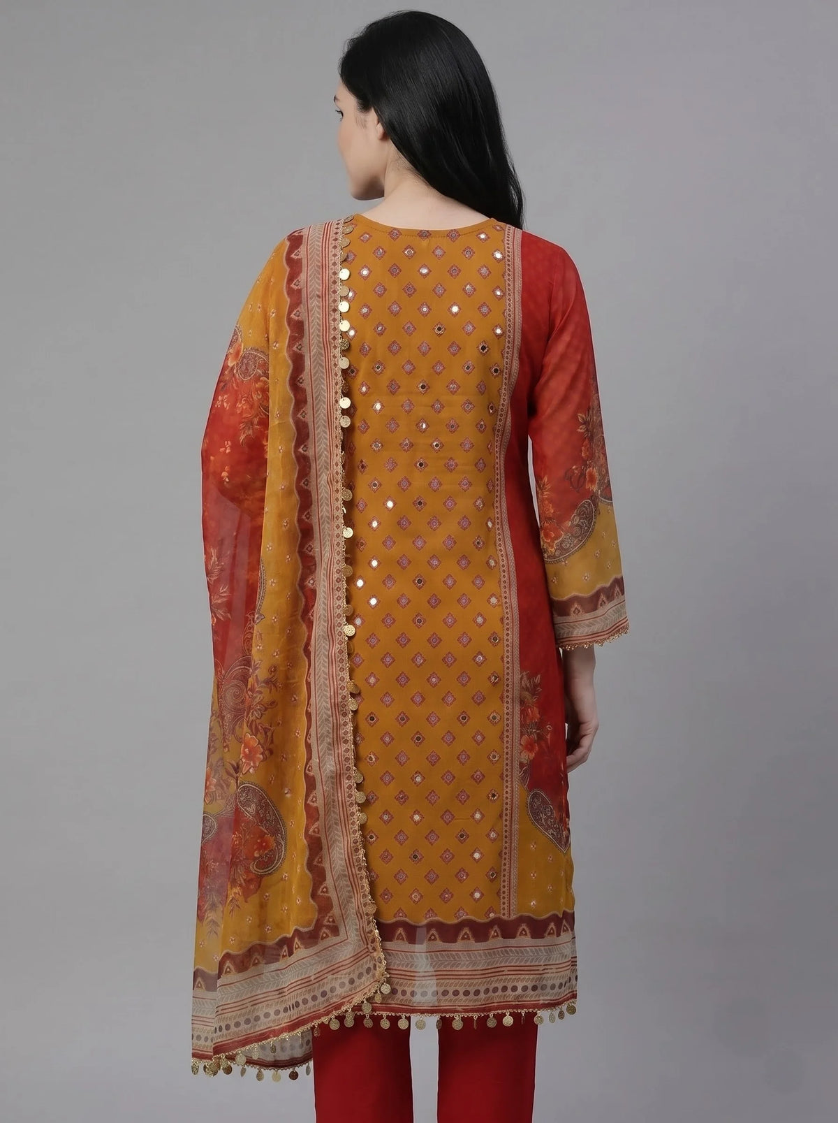 Red-Mustard Paisley Print Organza Suit with Mirror Work & Coin Fringe